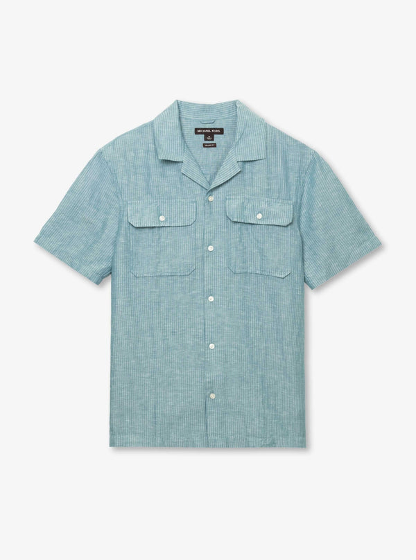 ストライプド リネン コットン キャンプ シャツ
